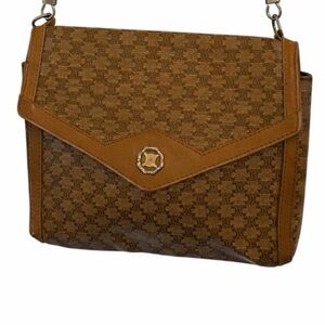 Vintage Celine Macadam Crossbody Bag Brown Monogram Leather Trim Shoulder Bag